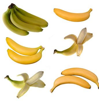 Collage of ripe bananas, whole and half peeled, on white background isolated