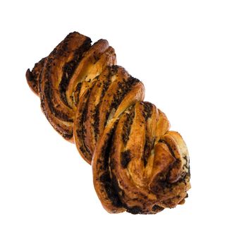 Ruddy wicker bun with poppy seeds, on a white background in isolation