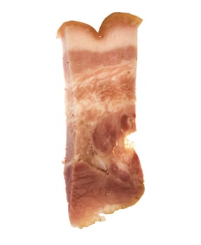 Slice of bacon with meat layers, on white plate isolated