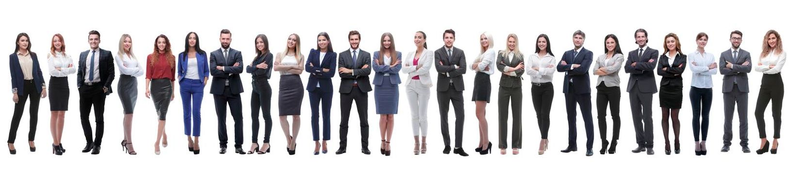 panoramic photo of a group of young entrepreneurs standing in a row . isolated on white