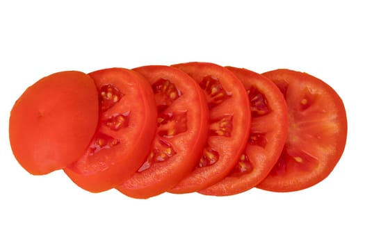 Sliced red tomatoes in slices, slices on a white background in isolation