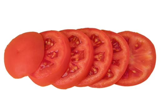 Sliced red tomatoes in slices, slices on a white background in isolation