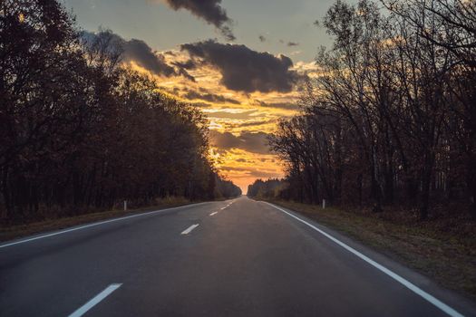 Amazing view with colorful autumn forest with asphalt mountain road. Beautiful landscape with empty road, trees and sunlight in in autumn. Travel background. Nature.