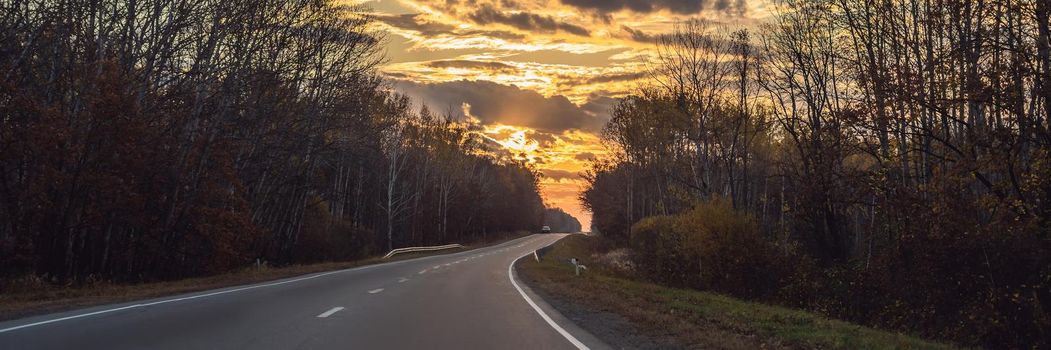 BANNER, LONG FORMAT Amazing view with colorful autumn forest with asphalt mountain road. Beautiful landscape with empty road, trees and sunlight in in autumn. Travel background. Nature.