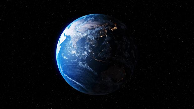 Planet earth with realistic geography surface and orbital 3D cloud atmosphere . Outer space view of world globe sphere of continents . 3D rendering graphic . Elements of this image furnished by NASA .