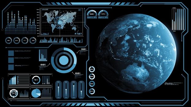 Futuristic VR head-up display design with orbital global network 3D rendering graphic . HUD element containing circle abstract and big data analytic presented in digital GUI technology .