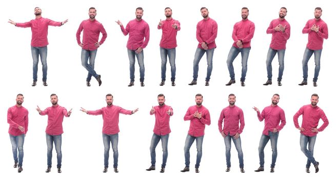 collage of photos of an emotional man in a red shirt. isolated on a white background