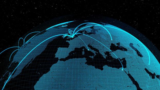 Global network and internet connection in orbital earth globe . Concept of wireless digital connection and internet of things in futuristic 3D rendering graphic .