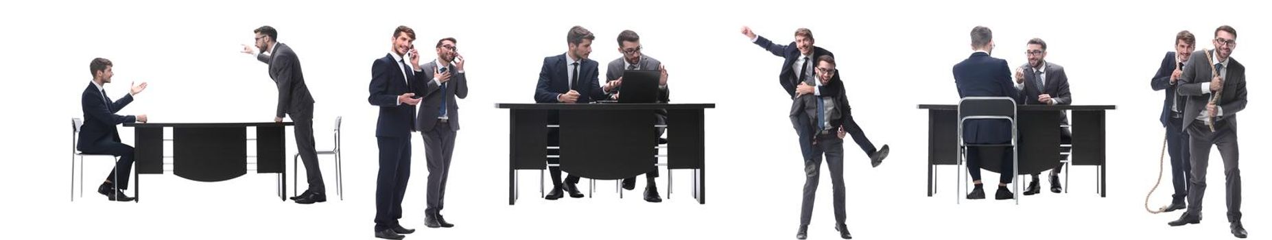 in full growth. two business people discussing something. isolated on white background