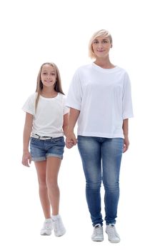full length . mom and daughter in white t-shirts standing together. isolated on white