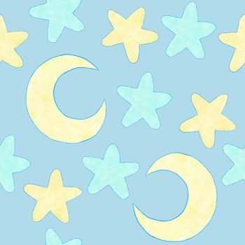 Watercolor hand drawn seamless pattern of blue boy baby shower fabric print. Pastel nursery stars rainbow balloons clouds. Cute kawaii birthday invite invitation illustration design transport car