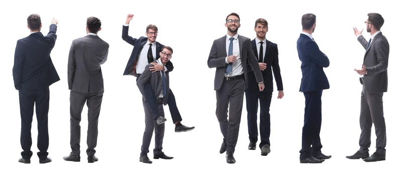 smiling businessman sitting on the back of his colleague . isolated on white background.