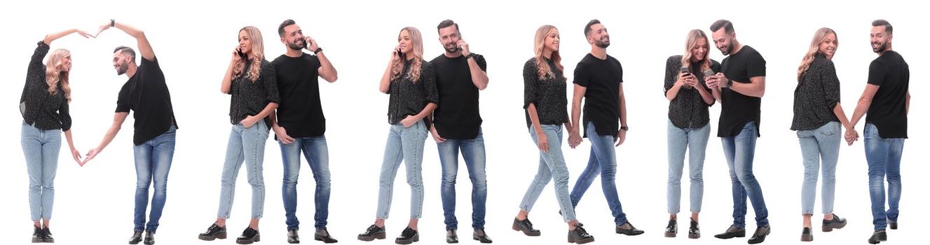 collage of photos of a couple of happy young people . isolated on a white background