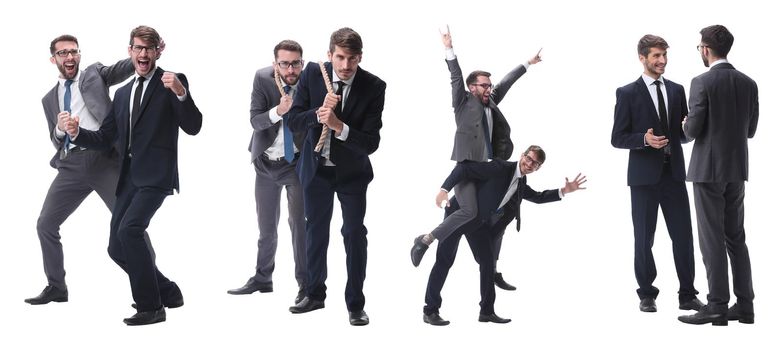 smiling businessman sitting on the back of his colleague . isolated on white background.