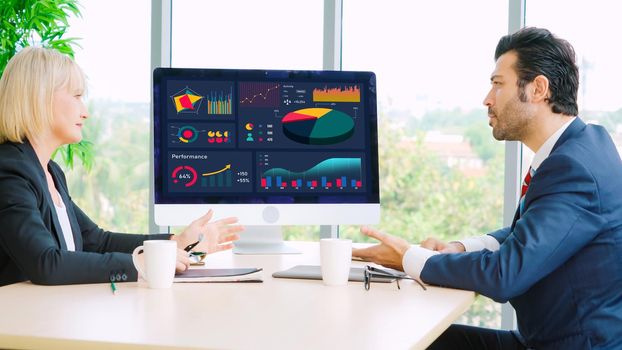 Business data dashboard analysis by ingenious computer software . Investment application display business sales and profit on the computer screen and advise marketing planning decision .