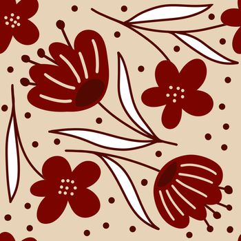 Hand drawn seamless floral pattern with burgundy marsala flowers on neutral beige background. Elegant red black white leaves petals blossom for textile wrapping paper. Summer fall autumn wedding design in minimalist style