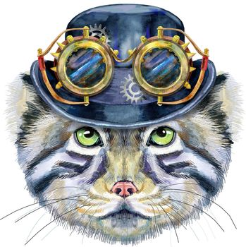 Watercolor drawing of the animal - cat manul in steampunk hat with goggles, sketch
