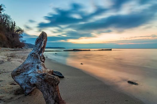 Seascape, Superb long exposure seascape with a log at the Black Sea coast, Bulgaria