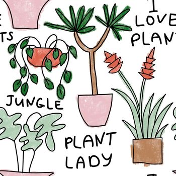 Seamless hand drawn pattern with houseplants, indoor plants flowers in pots, green leaves potted herbs. Urban jungle concept zz plant monstera snake plant peace lily cactus cacti