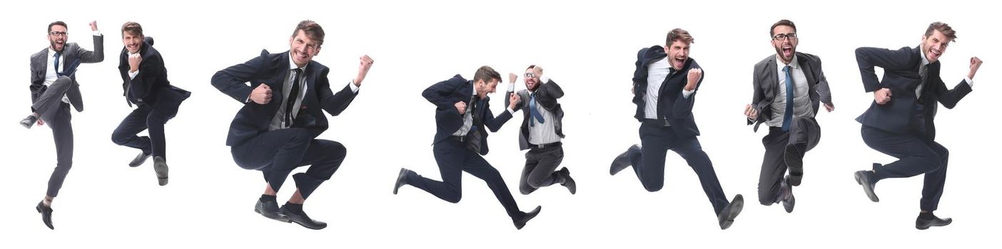 in full growth. two cheerful dancing business people. isolated on white background.