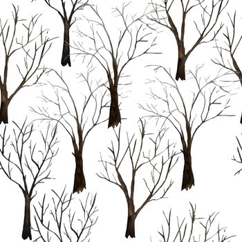 Watercolor hand drawn illustration seamless pattern of bare fall trees with no leaves, ecological concept nature forest wood woodland. Brown trunk bark in winter, spring, autumn. Naked tree branch design