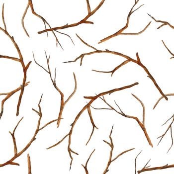 Watercolor hand drawn seamless pattern with brown branches twigs without leaves. Autumn fall winter illustration, wood woodland forest ecology environment design. Outdoor rustic elegant elements
