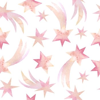 Seamless watercolor hand drawn pattern with comets universe, rainbows stars sky. Baby shower celebration party design invitation cards textile wallpaper. Pink blush colors magic happy sleeping wear