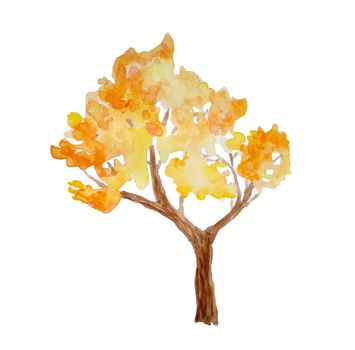 Watercolor hand drawn illustration of autumn fall tree in forest wood woodland park. Outdoor wild landscape. Nature camping design, fall activities in the open. Orange yellow warm colors eco season