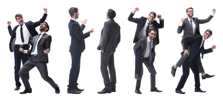 smiling businessman sitting on the back of his colleague . isolated on white background.