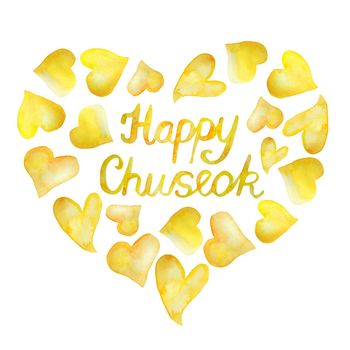Watercolor happy chuseok words phrase lettering font in yellow orange colors in heart shape. Autumn fall typography for greeting cards posters. Traditional korea korean harvest festival asian celebration