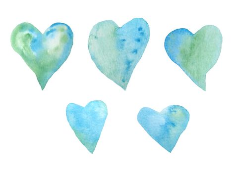 Watercolor hand drawn elements set of green blue turquoise hearts for St Valentine Day fabric wrapping paper. Elegant design background for love celebration wedding. Texture modern print