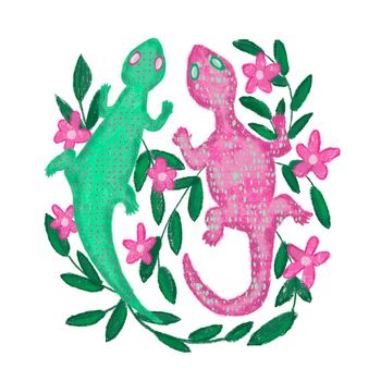 Hand drawn illustration of green and pink rose gecko lizard, colorful bright amphibian animal in folk ethnic style with green leaves branches and flowers floral background
