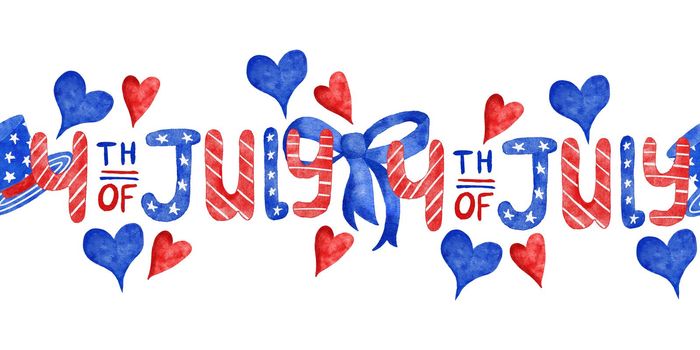 Seamless hand drawn watercolor horizontal border for 4th fourth of july celebration. American independence day patriotic pattern with letters bows ribbon hearts in blue red white us colors, design for card invitation