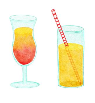 Watercolor hand drawn illustration of summer cocktails, alcohol beverage drink in red yellow orange colors with straw in grass. Tropical beach party refreshment food fresh ice soda lemonade