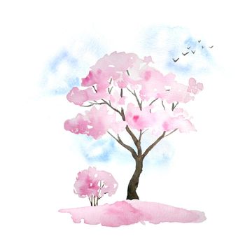 Watercolor hand drawn design illustration of pink cherry sakura tree in bloom blossom flowers, sky, birds, fallen petals. Hanami festival traditional japan japanese culture. Nature landscape plant. Spring march april concept