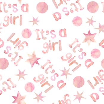 Seamless watercolor hand drawn pattern with it's a girl lettering, rainbows stars and polka dot. Baby shower celebration party design invitation cards textile wallpaper. Pink blush colors magic happy princess gift