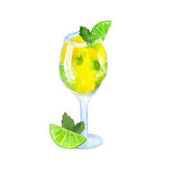 Watercolor hand drawn illustration with green yellow cocktail mojito mint lime citrus slices. Vibrant intense bright tropical summer colors alcoholic beverages for restaurant cafe food drink glass