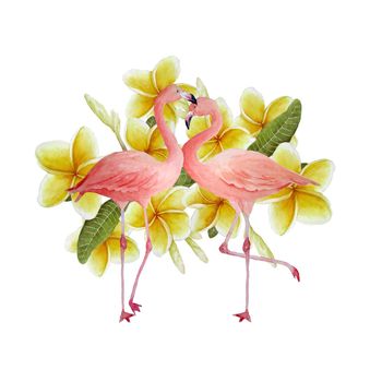 Two pink flamingo, romantic couple in love with yellow plumeria frangipani flowers. Tropical exotic bird rose flamingos isolated on white background. Wedding cards invitation st valentine day. Watercolor hand drawn animal illustration