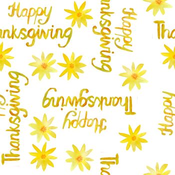 Watercolor happy thanksgiving words seamless pattern with aster flowers. Phrase lettering font in yellow orange colors. Autumn fall typography for greeting cards posters. Traditional american harvest
