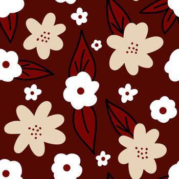 Hand drawn seamless floral pattern with burgundy marsala flowers on neutral beige background. Elegant red black white leaves petals blossom for textile wrapping paper. Summer fall autumn wedding design in minimalist style