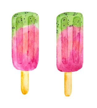 Watercolor hand drawn illustration of two pink green red fruit popsicles ice cream. Kiwi watermelon berry dessert. Sweet tasty delicious healthy food. For summer menu street cafe. Frozen juice icing