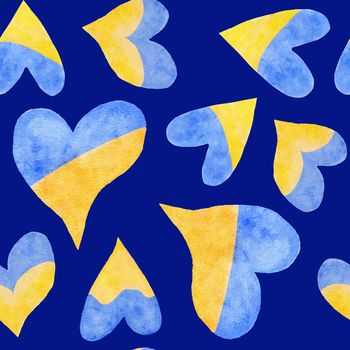 Seamless hand drawn pattern with Ukraine Ukrainian heart in blue yellow colors of UA flag, concept for charity support, stop war design. Pray for Ukraine print watercolor background, for textile banners cards