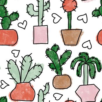 Seamless hand drawn pattern with houseplants, indoor plants flowers in pots, green leaves potted herbs. Urban jungle concept zz plant monstera snake plant peace lily cactus cacti