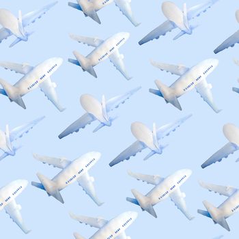 Watercolor hand drawn seamless pattern illustration of passenger airplane aircraft plane in blue clouds. For tourism trip journey flight concept. Design for airlines touristic websites vacation business trip