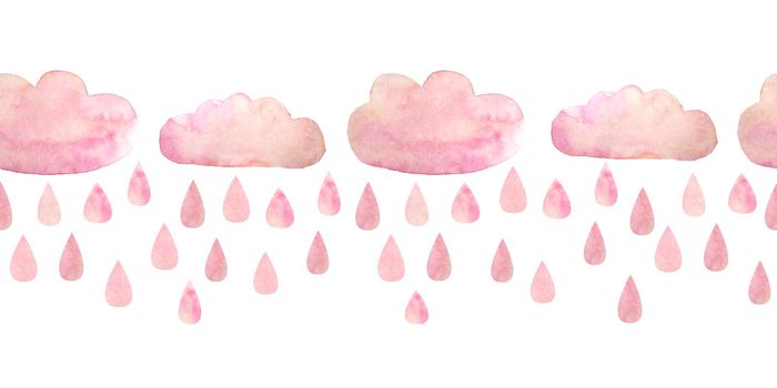 Seamless watercolor hand drawn horizontal border blush pink clouds rain drops. Soft pastel colors for textile design wallpaper baby shower illustration invitation cards posters. Children kids sleeping
