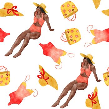 Watercolor hand drawn seamless pattern with beach vibe holiday summer vacation African American woman. Sea ocean nautical elements swimwear swimsuit flamingo palm tropical hawaii design. Ice cream bag hat