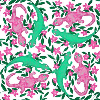 Hand drawn seamless pattern with green and pink rose gecko lizard, colorful bright amphibian animal in folk ethnic style with green leaves branches and flowers floral background