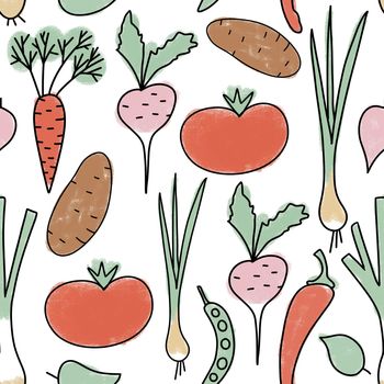 Hand drawn seamless pattern illustration of organic healthy vegetables, carrot potato tomato leek radish eggplant cauliflower beens. Market natural food veggies diet in soft pastel colors