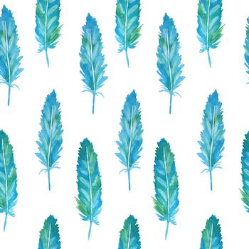 Watercolor seamless hand drawn pattern with blue green turquoise feathers. Aquamarine boho background for textile wallpapers. Romantic sketch retro wedding illustration