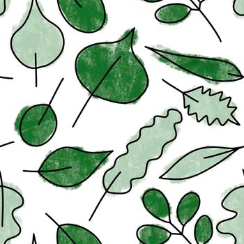 Hand drawn seamless pattern with green leaves natural leaf greenery, wild herbs fabric print design, urban jungle plant lady gift. Elegant foliage background for wallpaper textile.